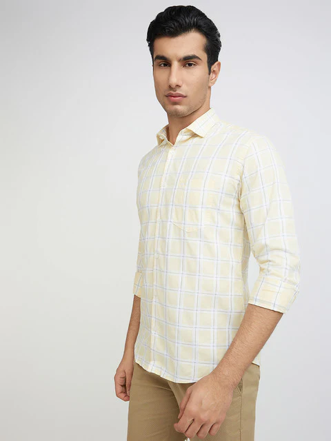 Park Avenue Men Yellow Slim Fit Checks Cotton Shirt - Image 3