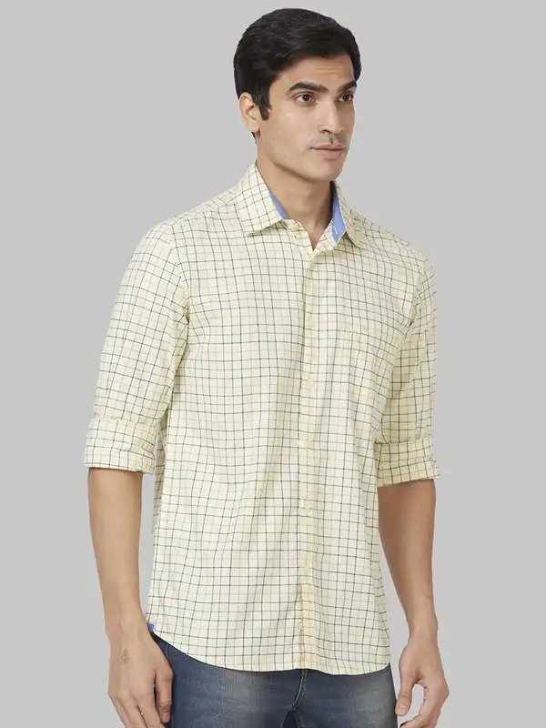 Men Yellow Slim Fit Checks Cotton Full Sleeve Shirts - Image 2