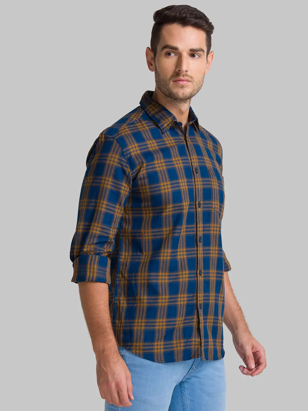 Men Yellow Slim Fit Checks Cotton Full Sleeve Shirts - Image 2