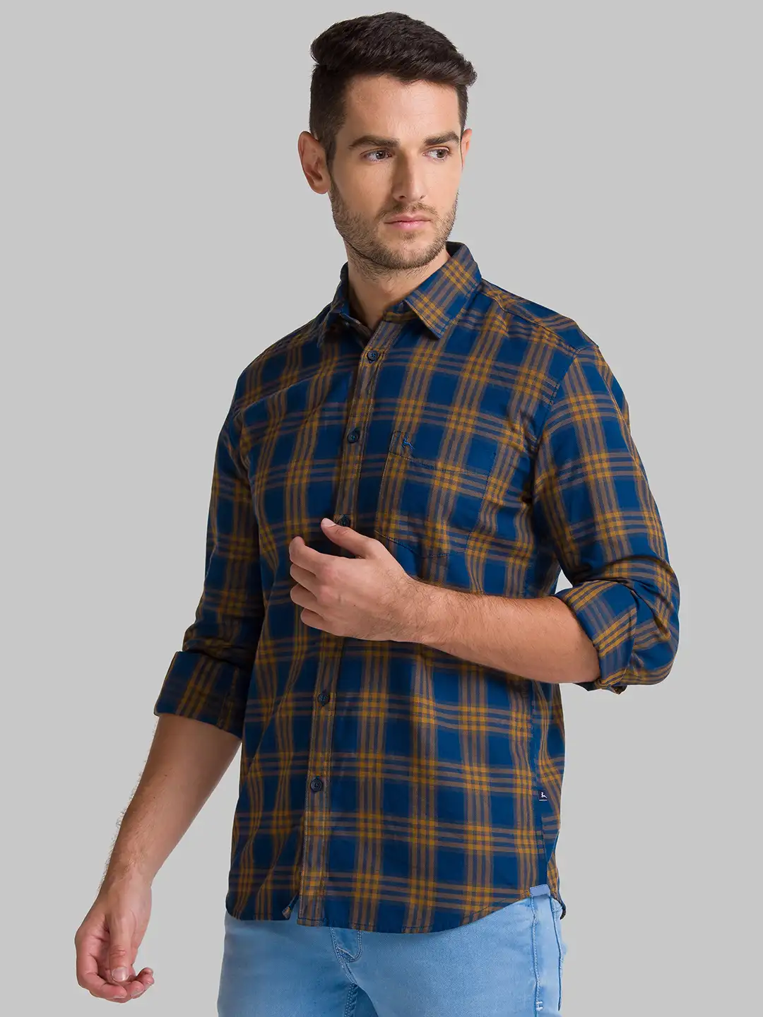 Men Yellow Slim Fit Checks Cotton Full Sleeve Shirts - Image 3