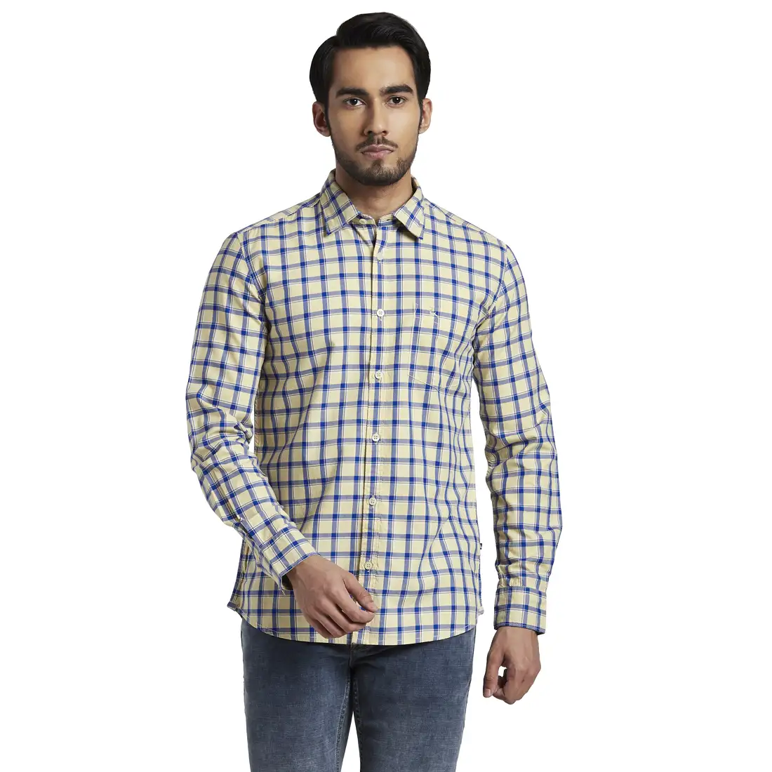 Men Yellow Slim Fit Checks Cotton Full Sleeve Shirts