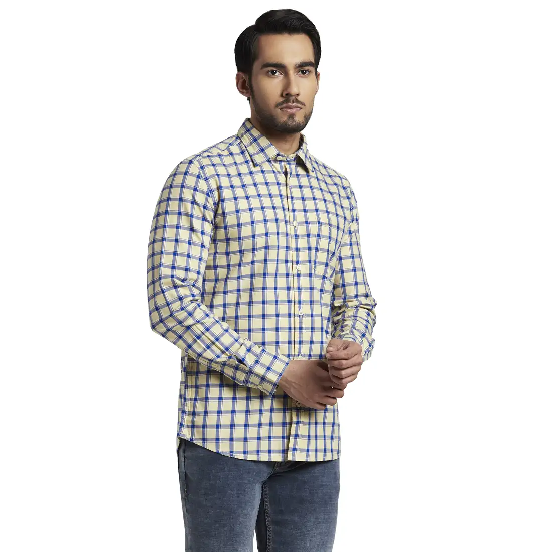 Men Yellow Slim Fit Checks Cotton Full Sleeve Shirts - Image 2