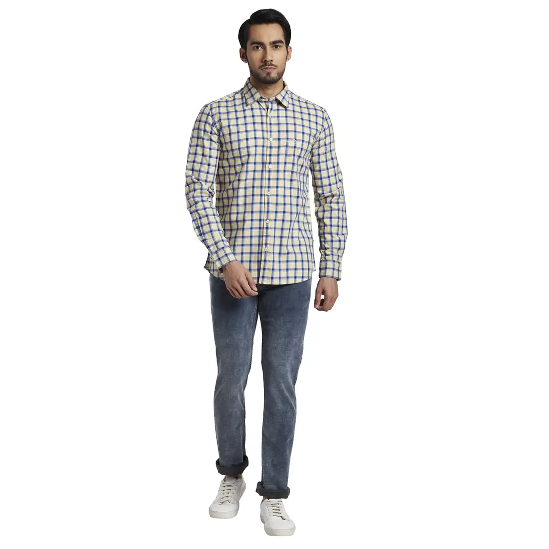 Men Yellow Slim Fit Checks Cotton Full Sleeve Shirts - Image 5