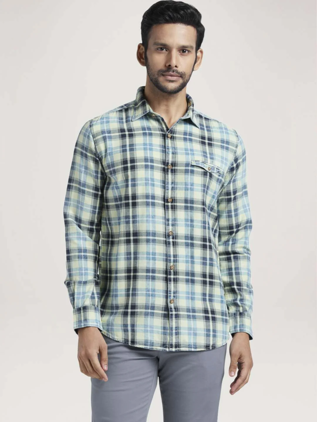 Men Yellow Slim Fit Checks Cotton Full Sleeve Shirts - Image 6