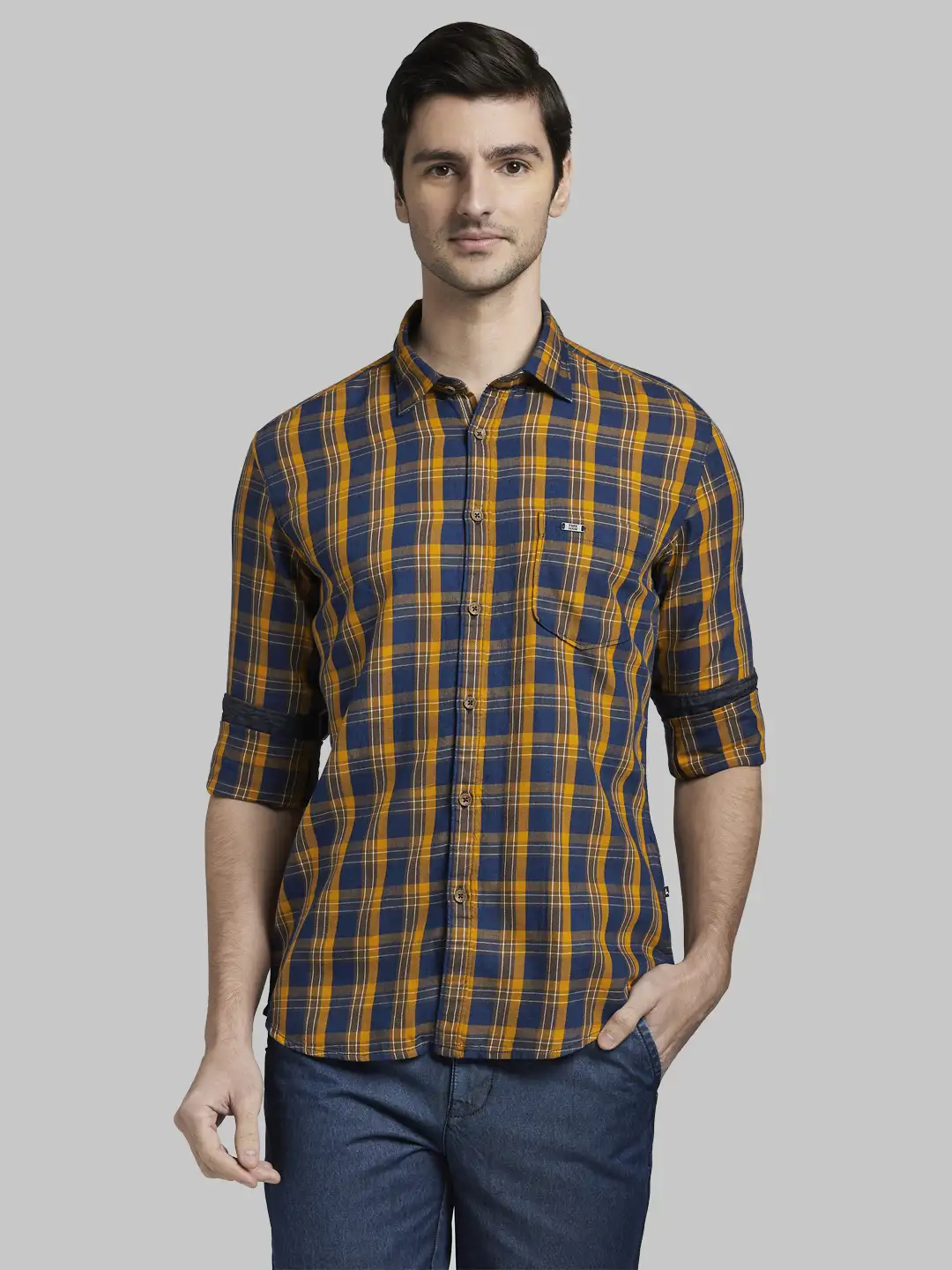 Men Yellow Slim Fit Checks Cotton Full Sleeve Shirts