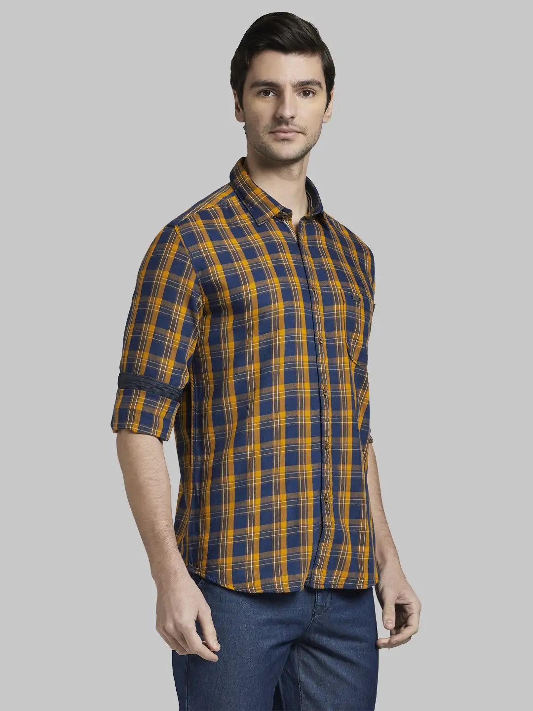 Men Yellow Slim Fit Checks Cotton Full Sleeve Shirts - Image 2