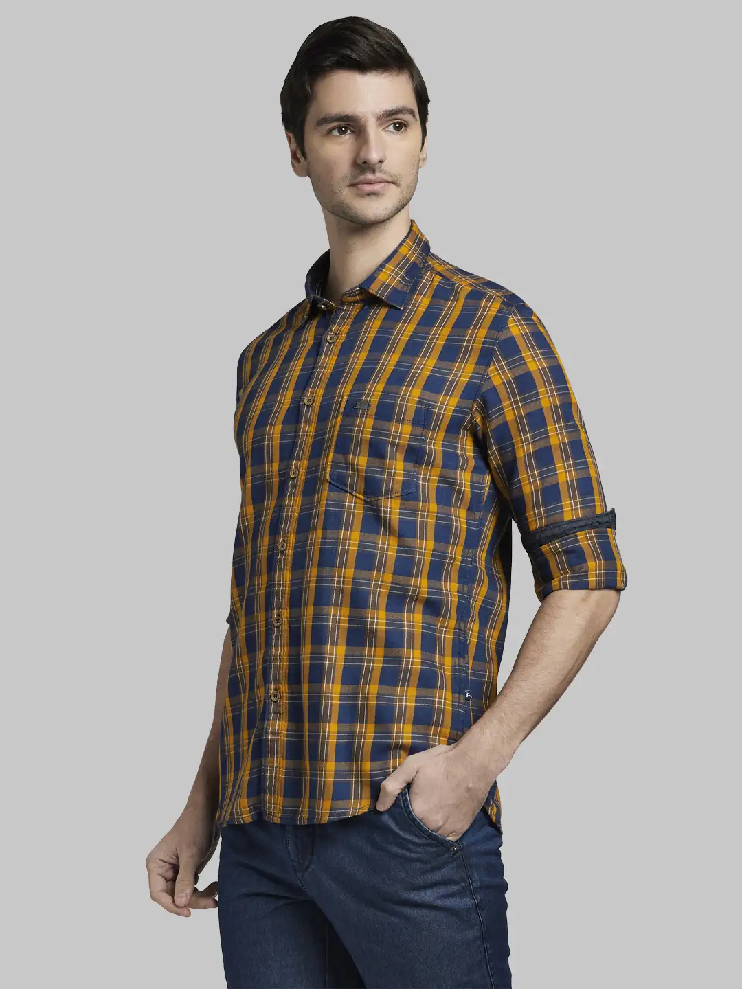 Men Yellow Slim Fit Checks Cotton Full Sleeve Shirts - Image 3