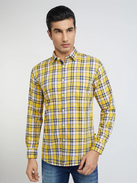Men Yellow Slim Fit Checks Cotton Full Sleeve Shirts