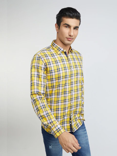 Men Yellow Slim Fit Checks Cotton Full Sleeve Shirts - Image 2