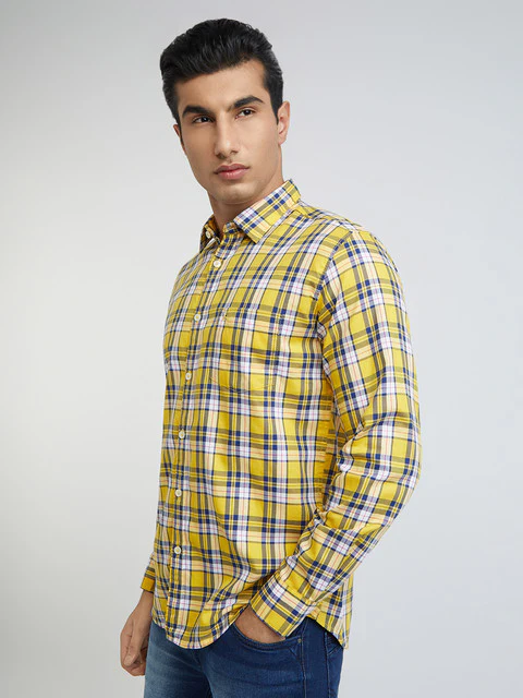 Men Yellow Slim Fit Checks Cotton Full Sleeve Shirts - Image 3