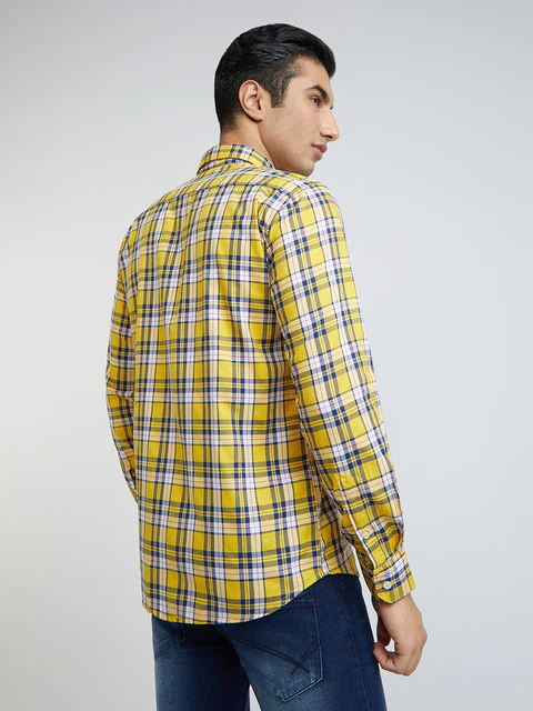 Men Yellow Slim Fit Checks Cotton Full Sleeve Shirts - Image 5