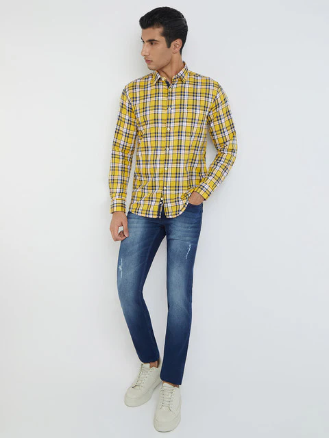 Men Yellow Slim Fit Checks Cotton Full Sleeve Shirts - Image 6