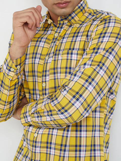 Men Yellow Slim Fit Checks Cotton Full Sleeve Shirts - Image 7