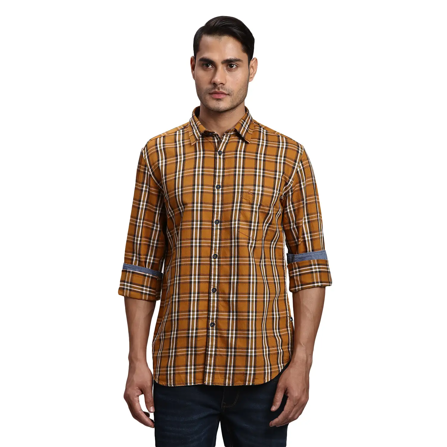Men Yellow Slim Fit Checks Cotton Full Sleeve Shirts