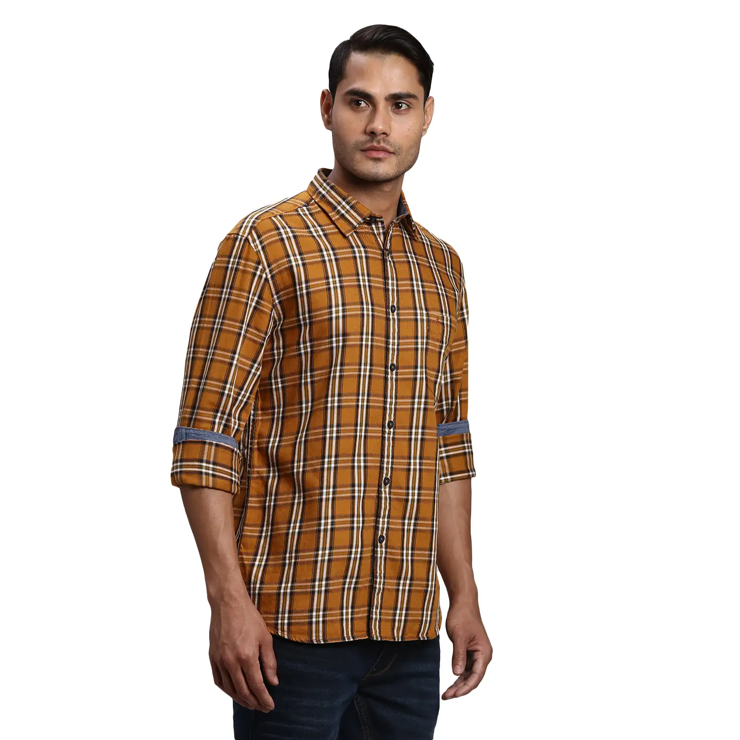Men Yellow Slim Fit Checks Cotton Full Sleeve Shirts - Image 2