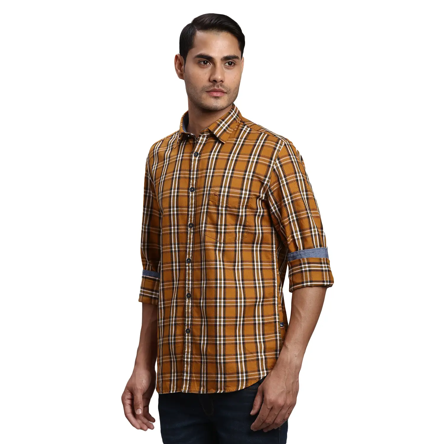 Men Yellow Slim Fit Checks Cotton Full Sleeve Shirts - Image 3