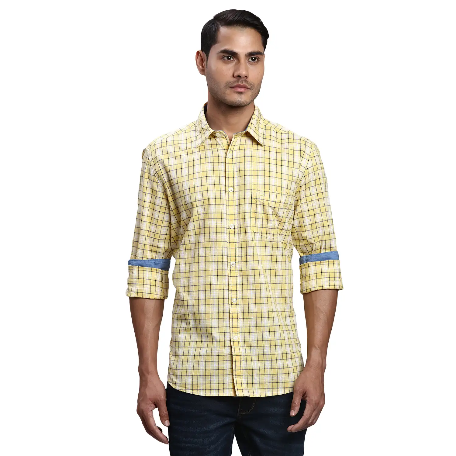 Men Yellow Slim Fit Checks Cotton Full Sleeve Shirts
