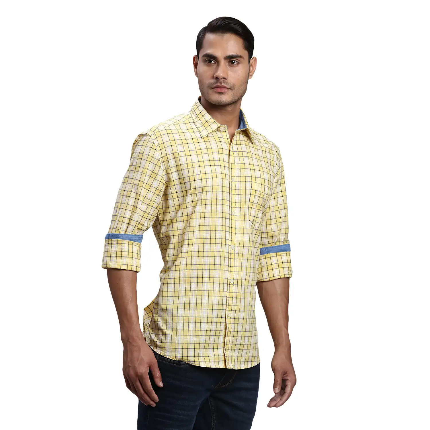 Men Yellow Slim Fit Checks Cotton Full Sleeve Shirts - Image 2