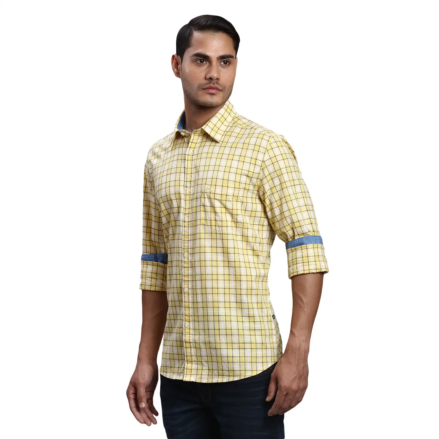 Men Yellow Slim Fit Checks Cotton Full Sleeve Shirts - Image 3