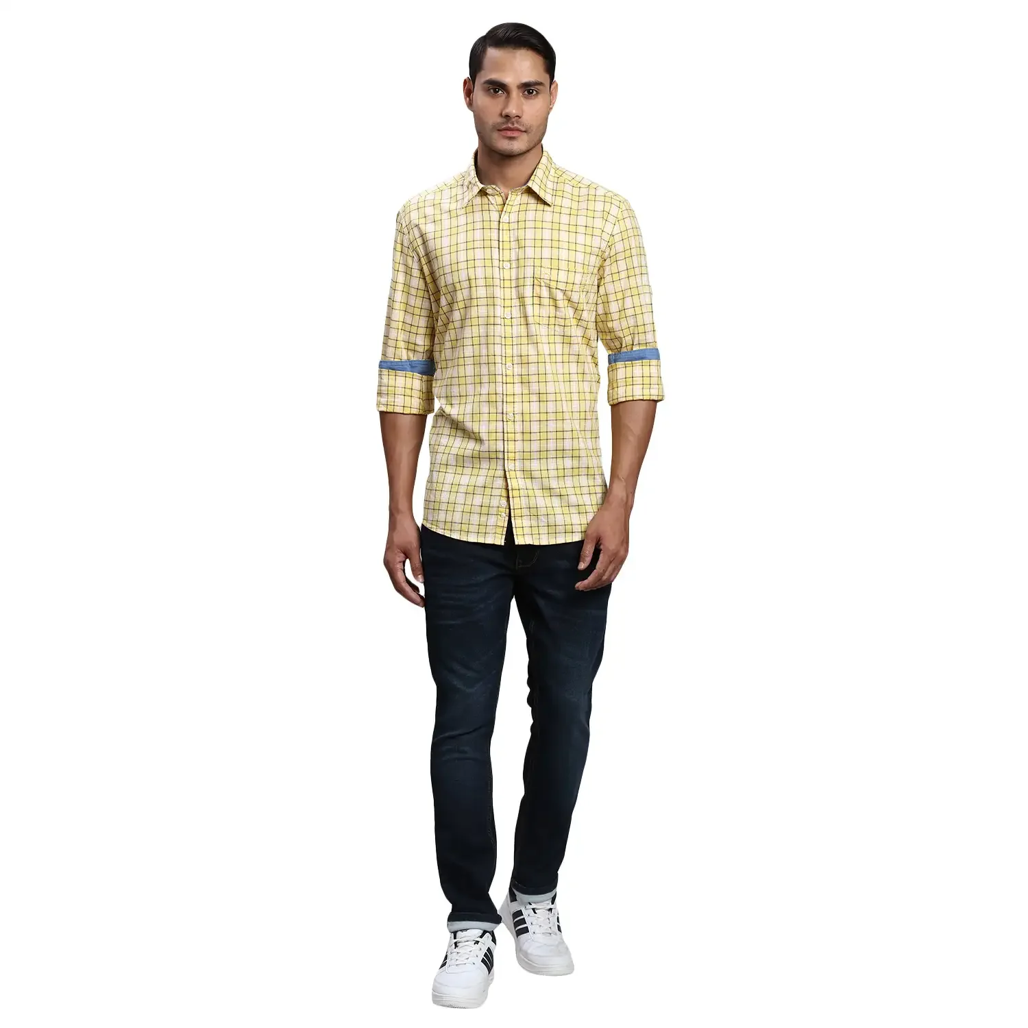 Men Yellow Slim Fit Checks Cotton Full Sleeve Shirts - Image 5