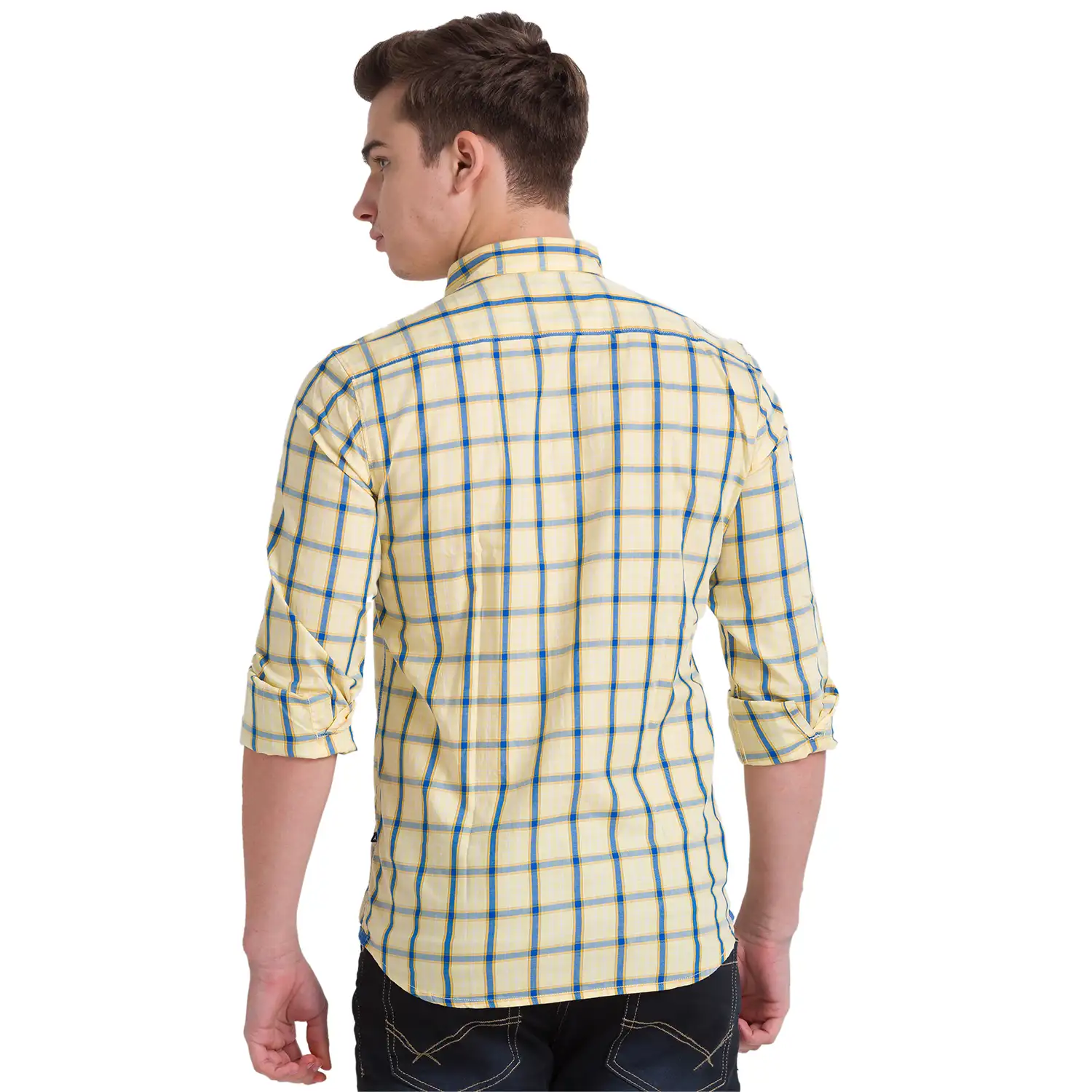 Men Yellow Slim Fit Checks Cotton Full Sleeve Shirts - Image 4
