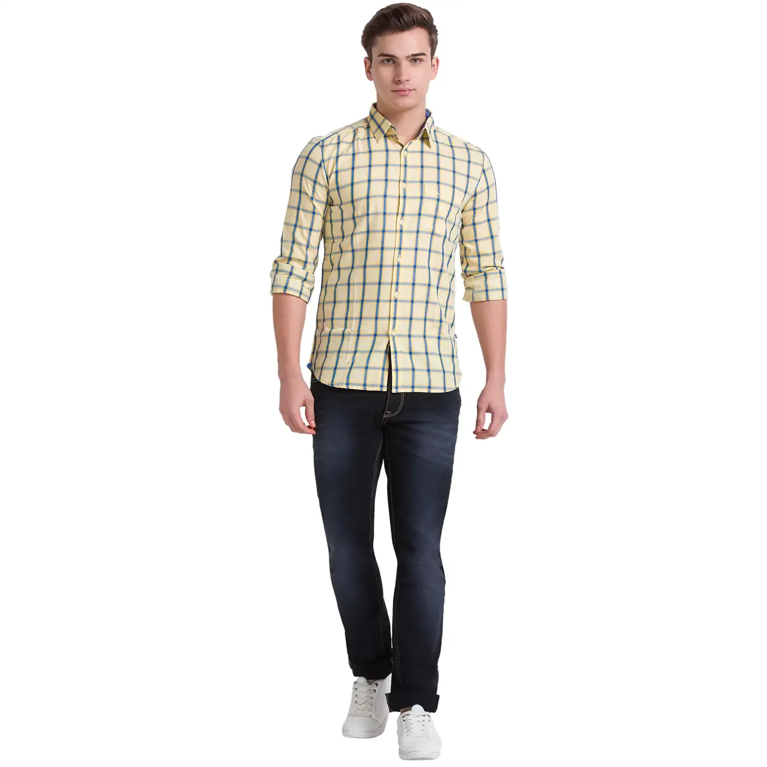 Men Yellow Slim Fit Checks Cotton Full Sleeve Shirts - Image 5