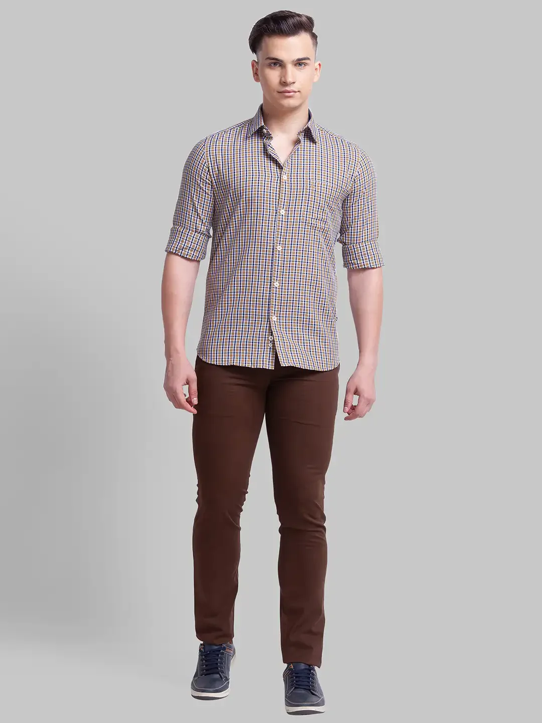 Men Yellow Slim Fit Checks Cotton Full Sleeve Shirts - Image 5