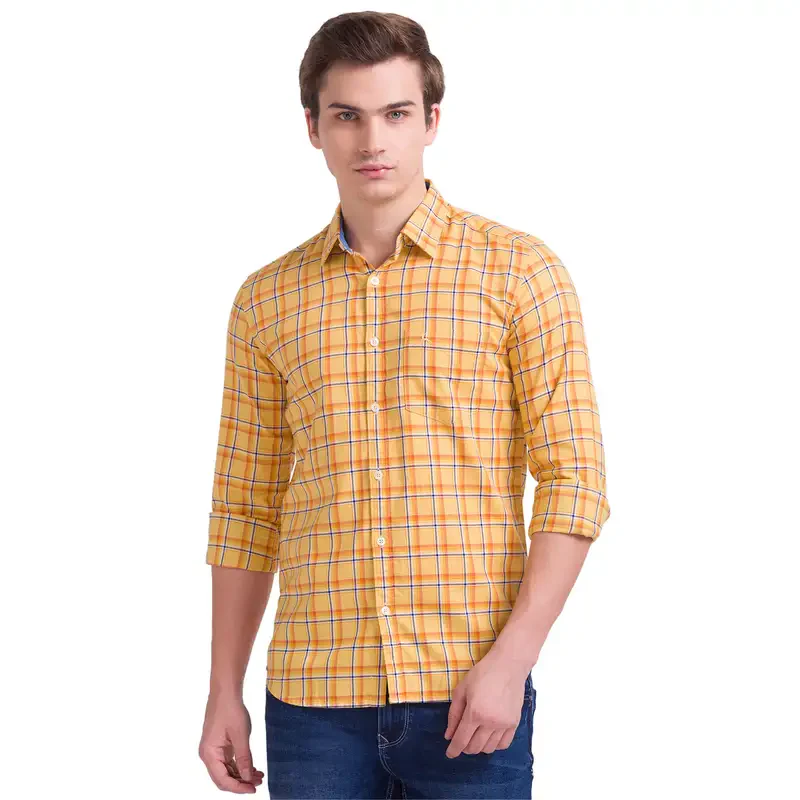 Men Yellow Slim Fit Checks Cotton Full Sleeve Shirts