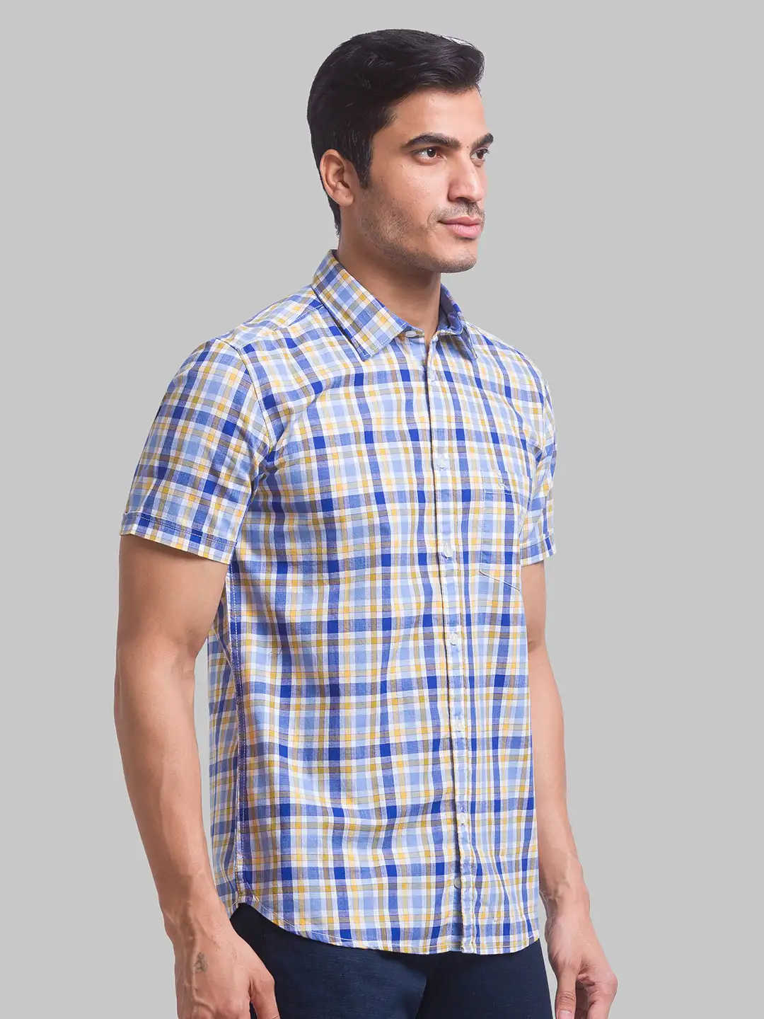 Men Yellow Slim Fit Checks Cotton Half Sleeve Shirts - Image 2