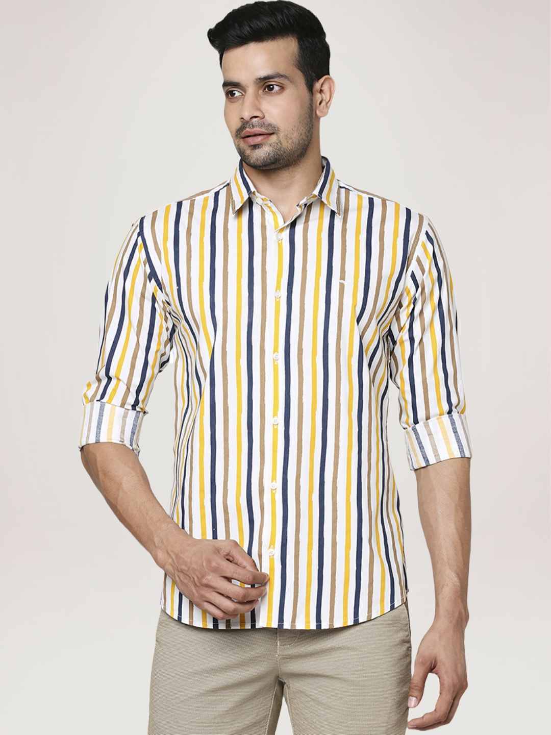 Men Yellow Slim Fit Print Cotton Blend Ainsley Collr Shirts - Image 4