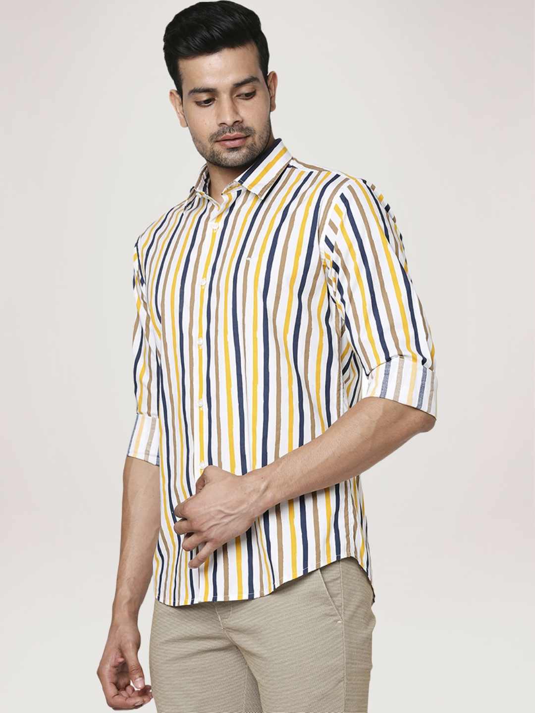 Men Yellow Slim Fit Print Cotton Blend Ainsley Collr Shirts - Image 5