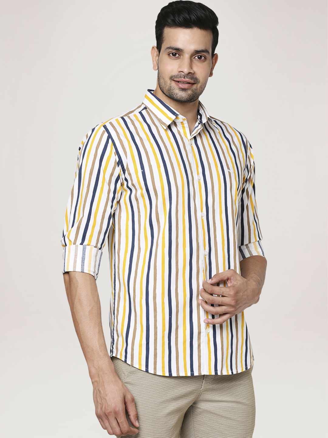 Men Yellow Slim Fit Print Cotton Blend Ainsley Collr Shirts - Image 6