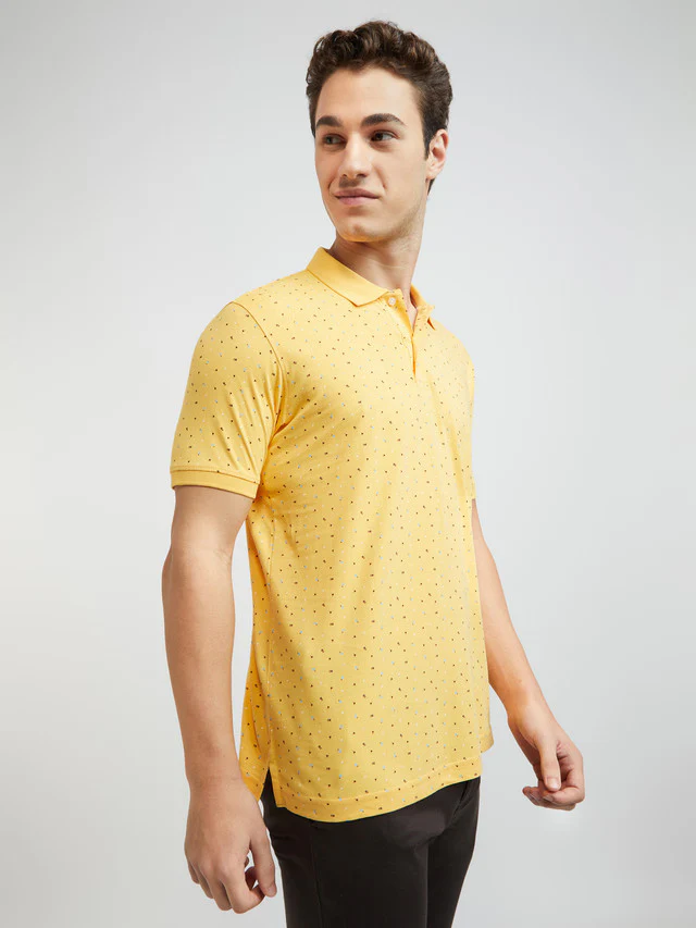 Men Yellow Slim Fit Print Cotton Blend Round Neck Collar Polo T-Shirt - Image 2