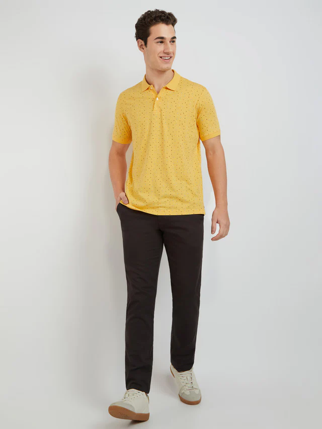 Men Yellow Slim Fit Print Cotton Blend Round Neck Collar Polo T-Shirt - Image 5