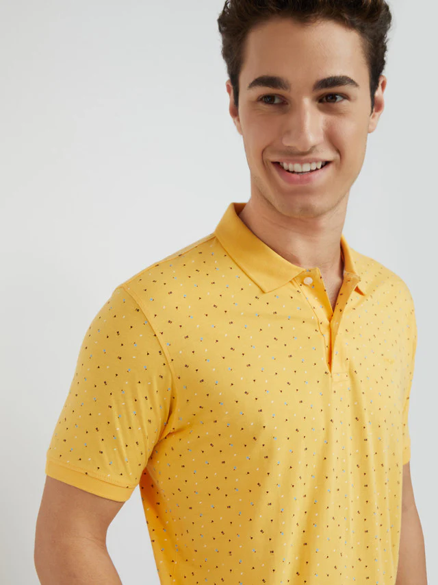 Men Yellow Slim Fit Print Cotton Blend Round Neck Collar Polo T-Shirt - Image 7