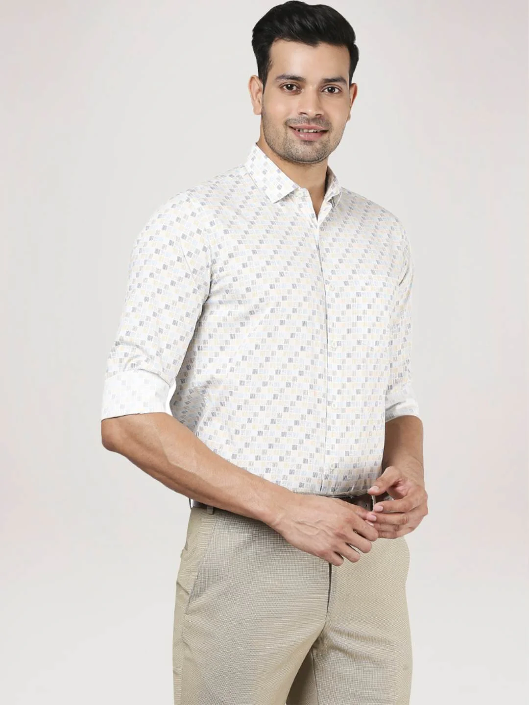 Men Yellow Slim Fit Print Cotton Cut Away Collar Shirts - Image 6