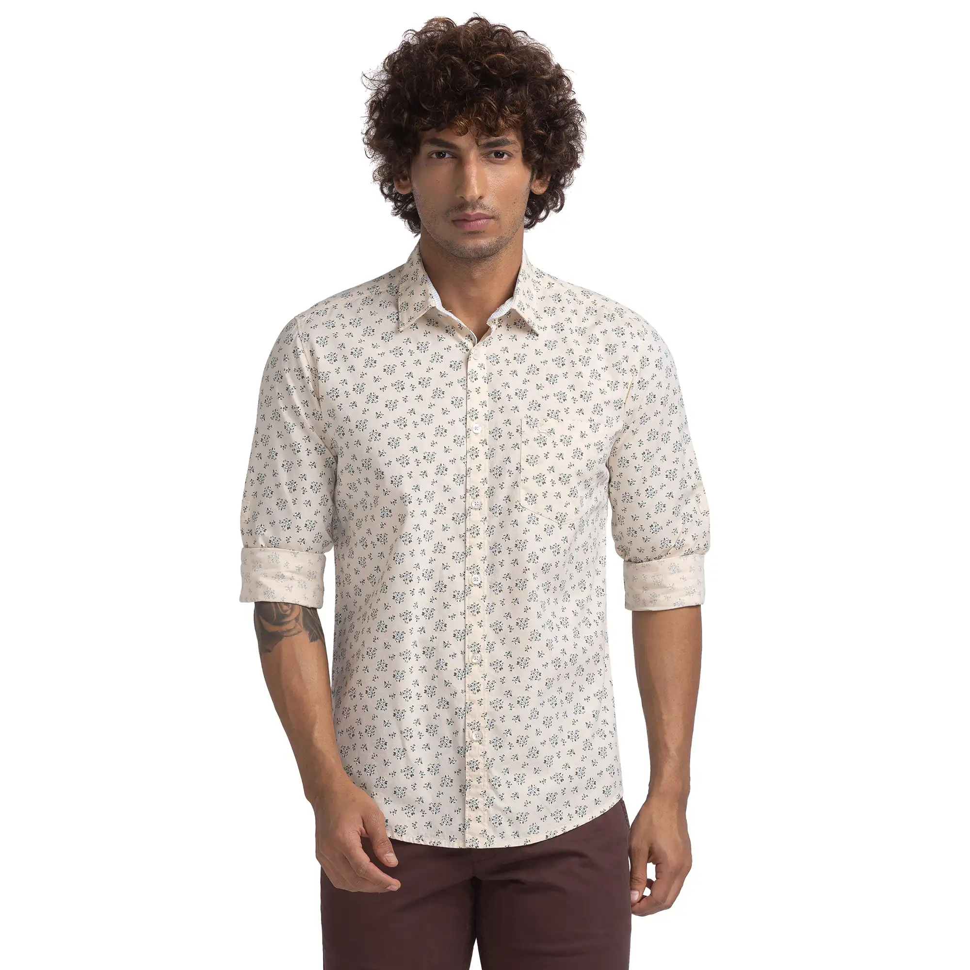 Men Yellow Slim Fit Print Cotton Full Sleeve Shirts