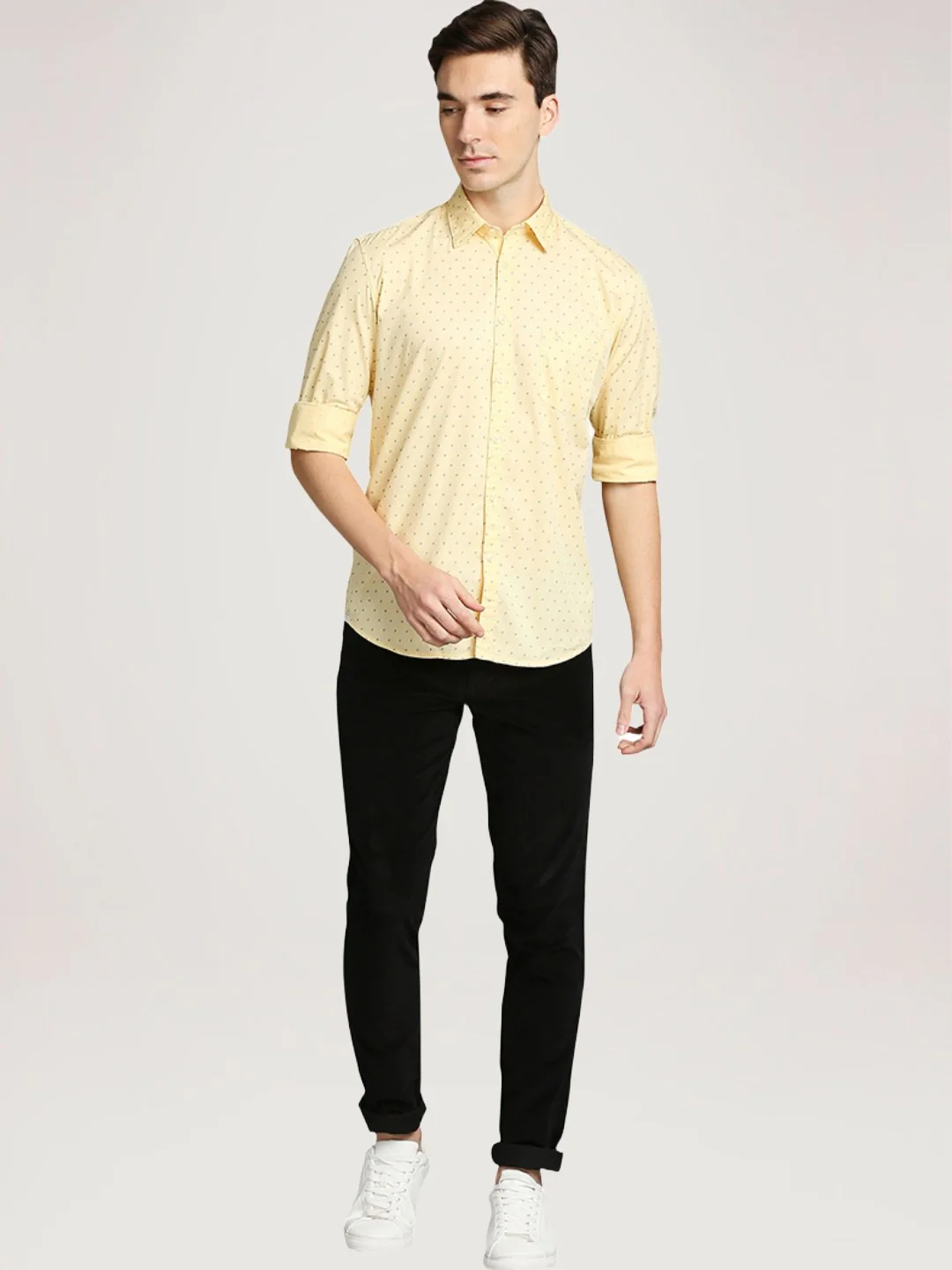 Men Yellow Slim Fit Print Cotton Full Sleeve Shirts - Image 2