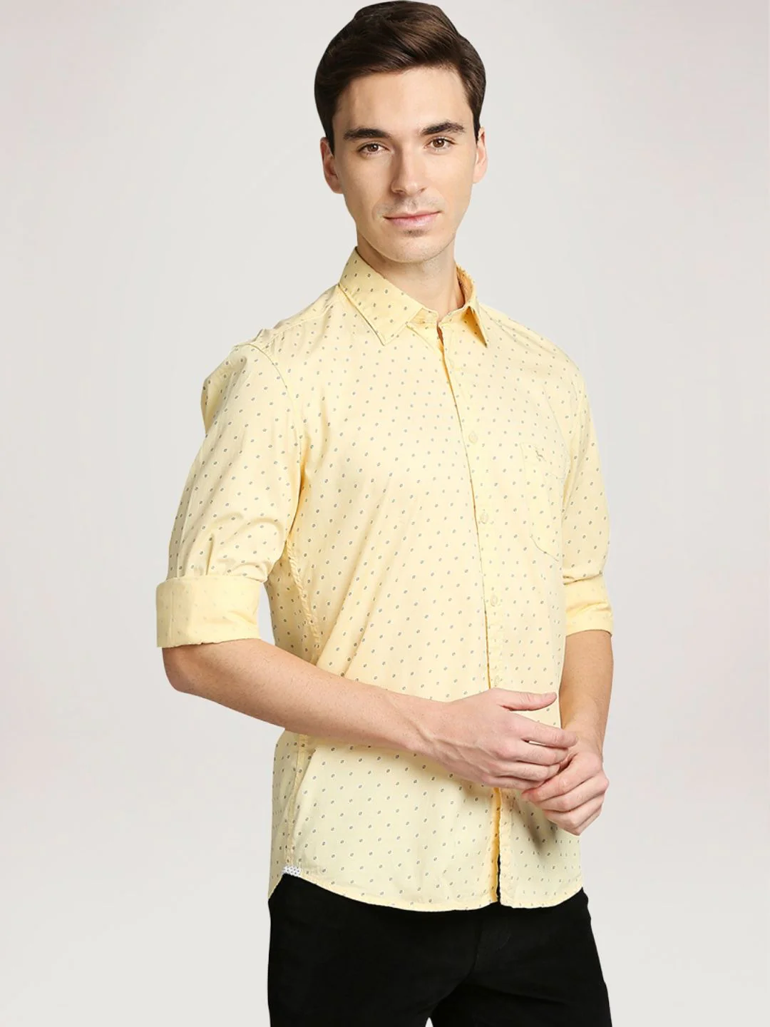 Men Yellow Slim Fit Print Cotton Full Sleeve Shirts - Image 5