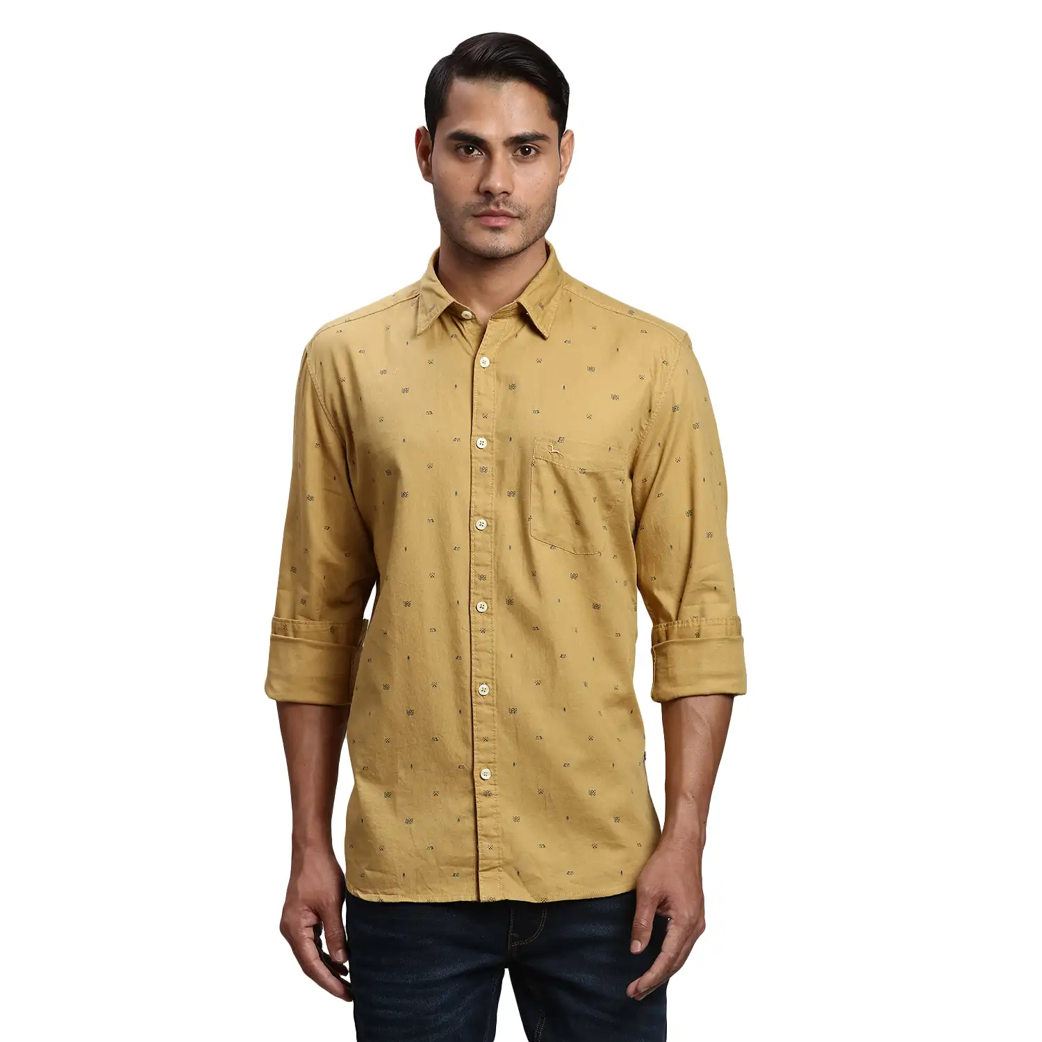 Men Yellow Slim Fit Print Cotton Full Sleeve Shirts