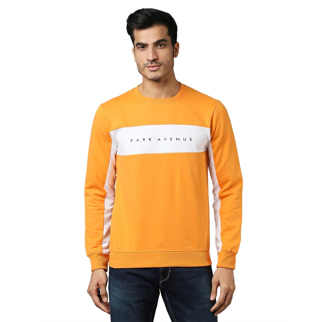 Men Yellow Slim Fit Print Cotton Polyester Blend Crew Neck Collar Sweatshirts