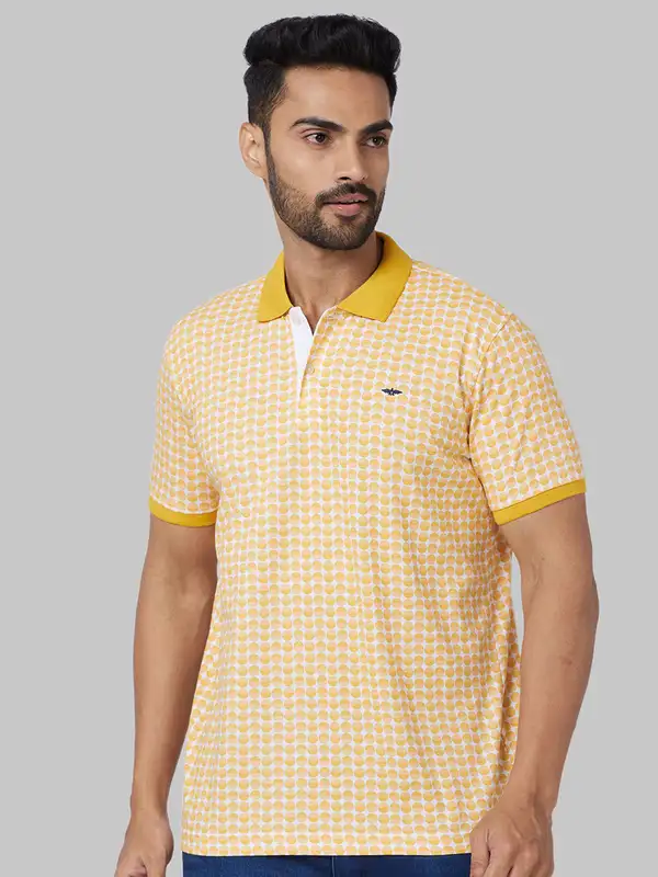 Men Yellow Slim Fit Print Cotton Polyester Blend Round Neck Collar Polo T-Shirt