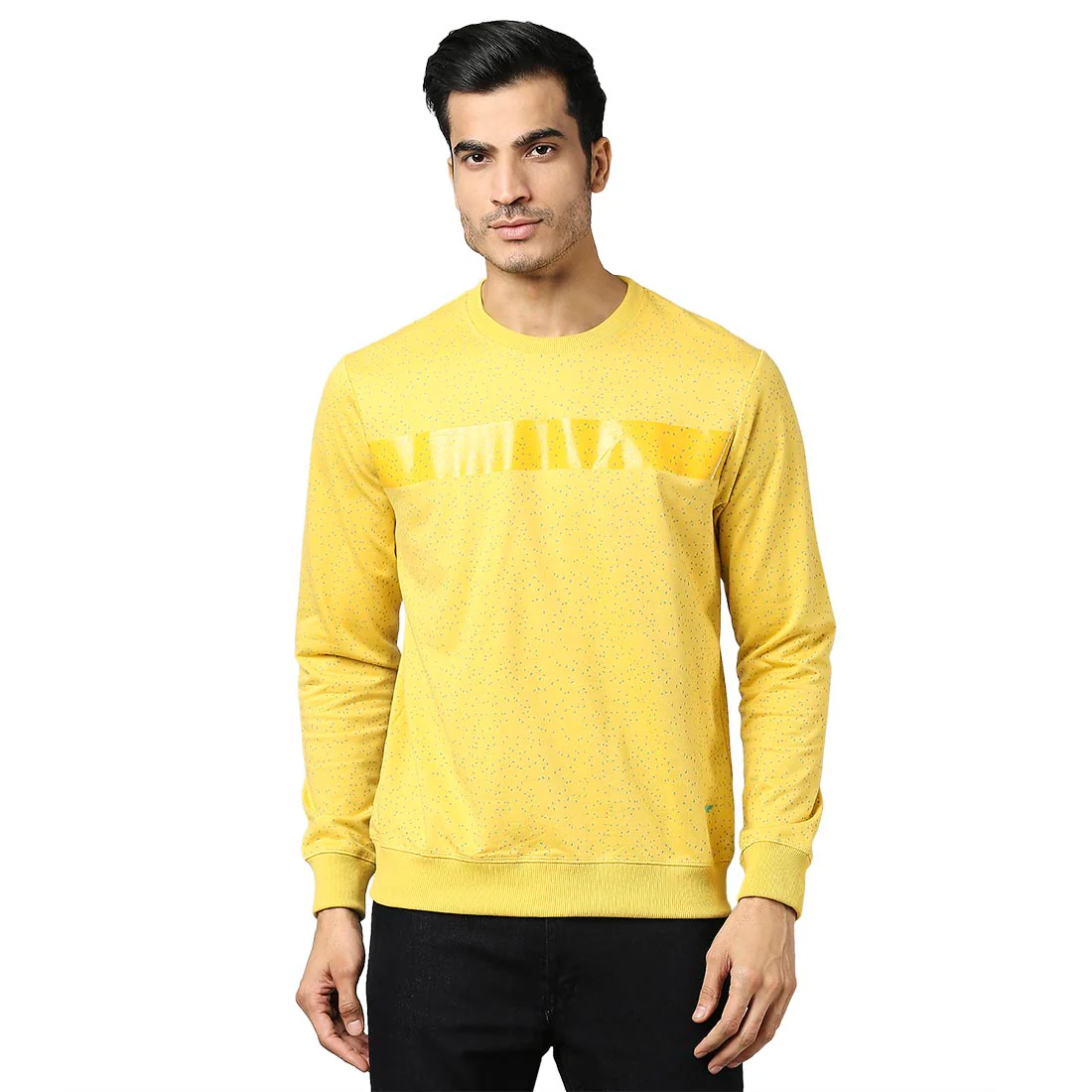 Men Yellow Slim Fit Print Cotton Polyster Blend Round Collar Sweatshirts