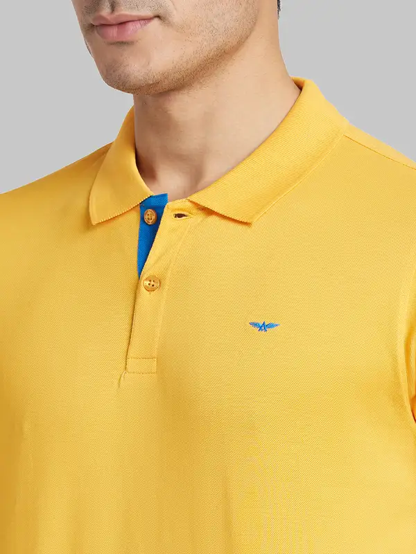 Men Yellow Slim Fit Print Cotton Round Neck Collar Polo T-Shirt - Image 6