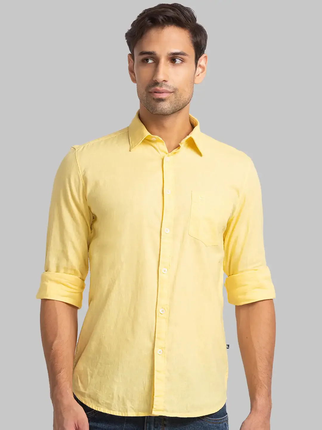 Men Yellow Slim Fit Solid Cotton Blend Full Sleeve Shirts