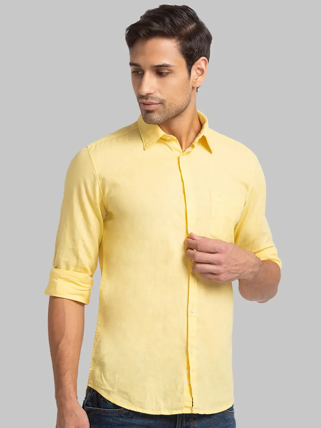 Men Yellow Slim Fit Solid Cotton Blend Full Sleeve Shirts - Image 2