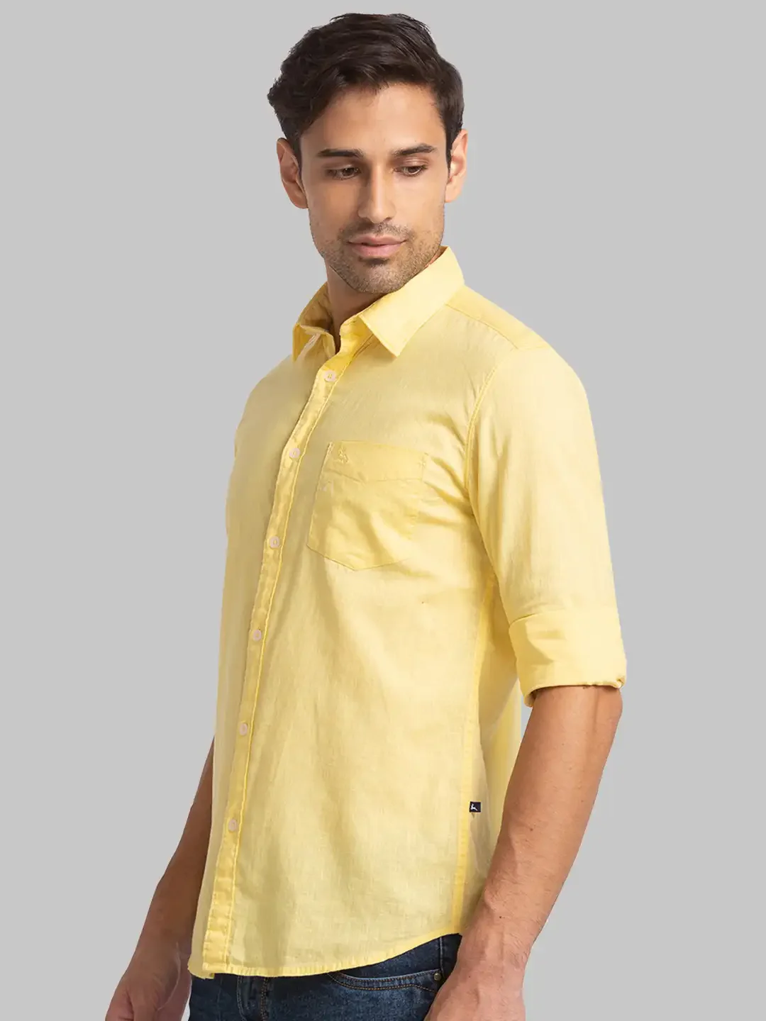 Men Yellow Slim Fit Solid Cotton Blend Full Sleeve Shirts - Image 3