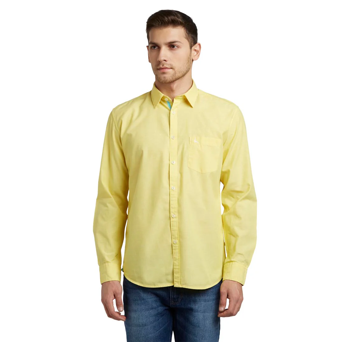 Men Yellow Slim Fit Solid Cotton Blend Full Sleeve Shirts