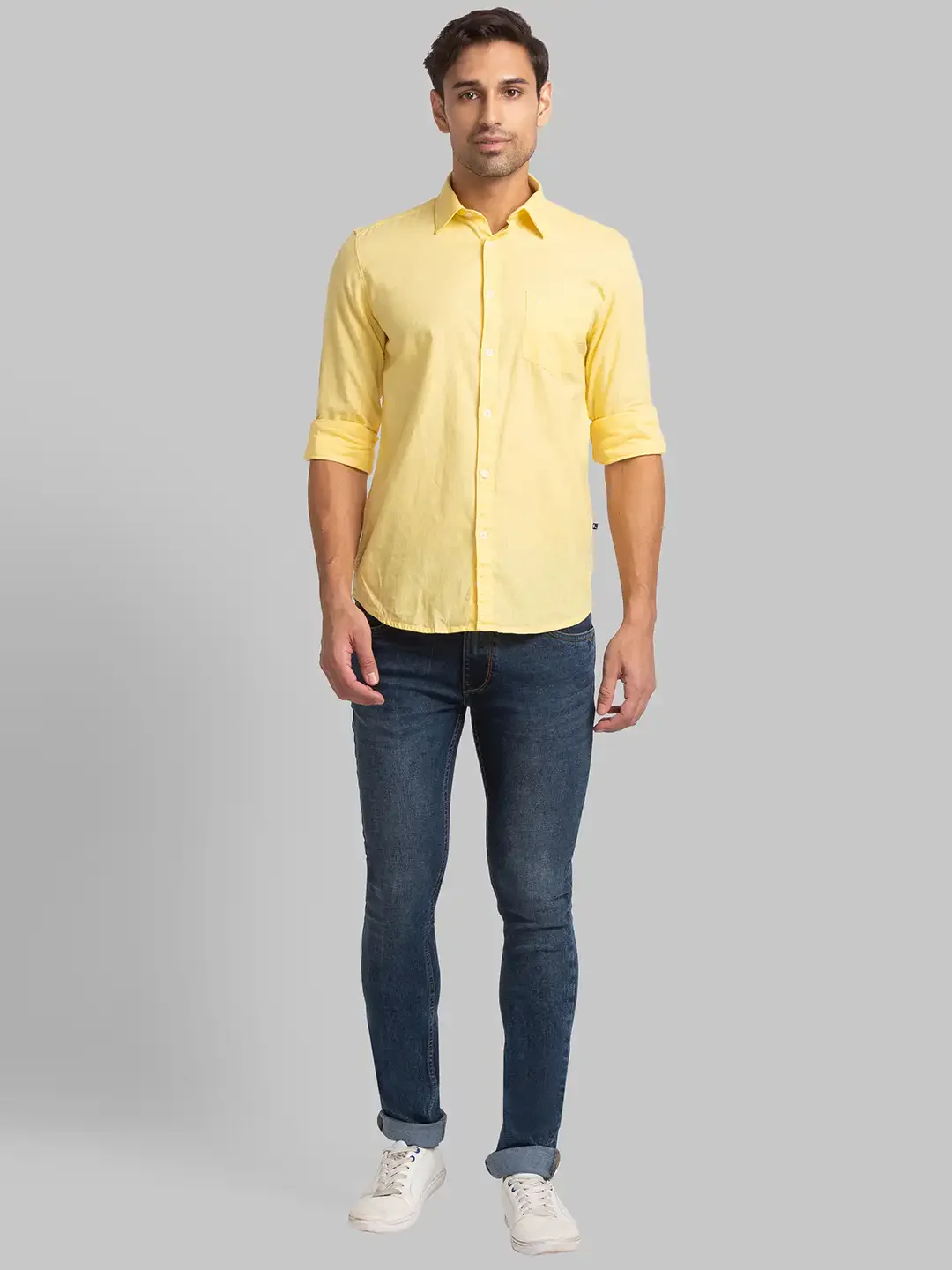 Men Yellow Slim Fit Solid Cotton Blend Full Sleeve Shirts - Image 5