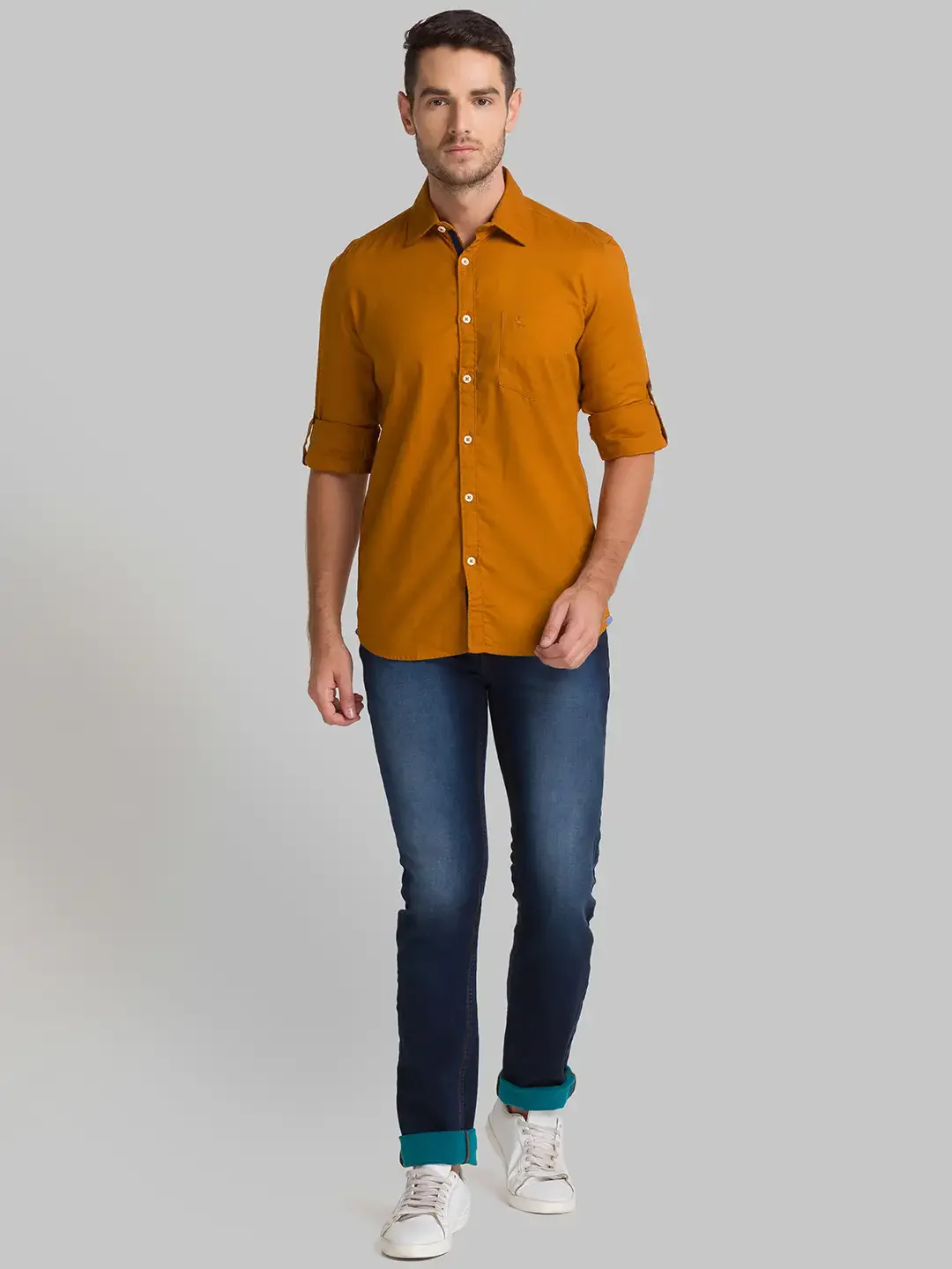 Men Yellow Slim Fit Solid Cotton Full Sleeve Shirts - Image 4